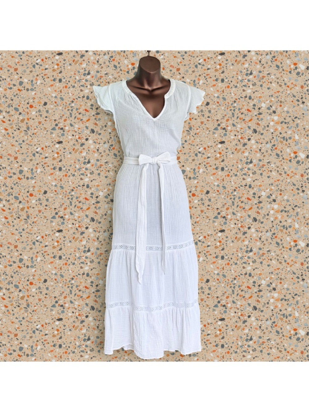Magaschoni Organic White Cotton Gauze Tiered Cottage Coastal Midi Dress Sz S
